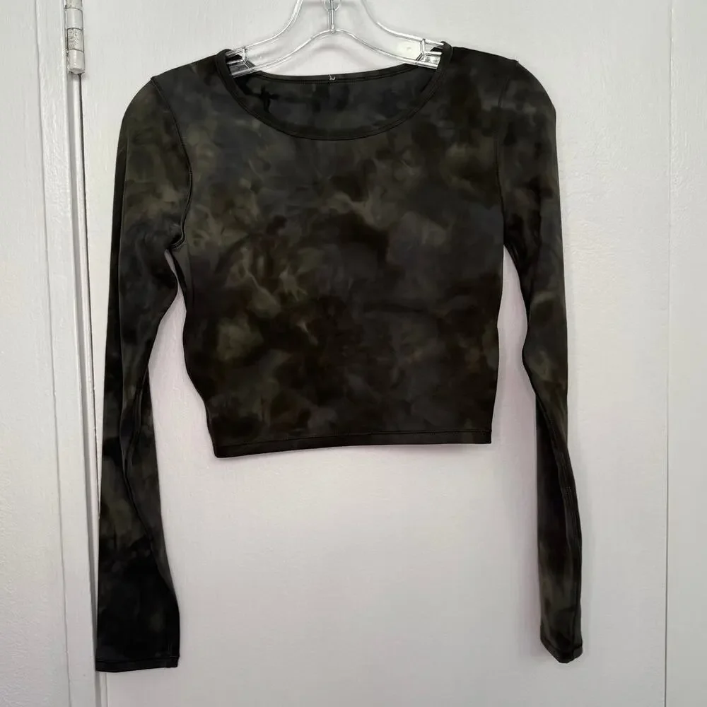Lululemon Wunder Train Cropped Long Sleeve Shirt Diamond Dye Dark Olive Size 8